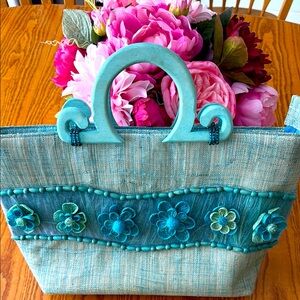 Turquoise Floral Accent Tote Bag - Women
